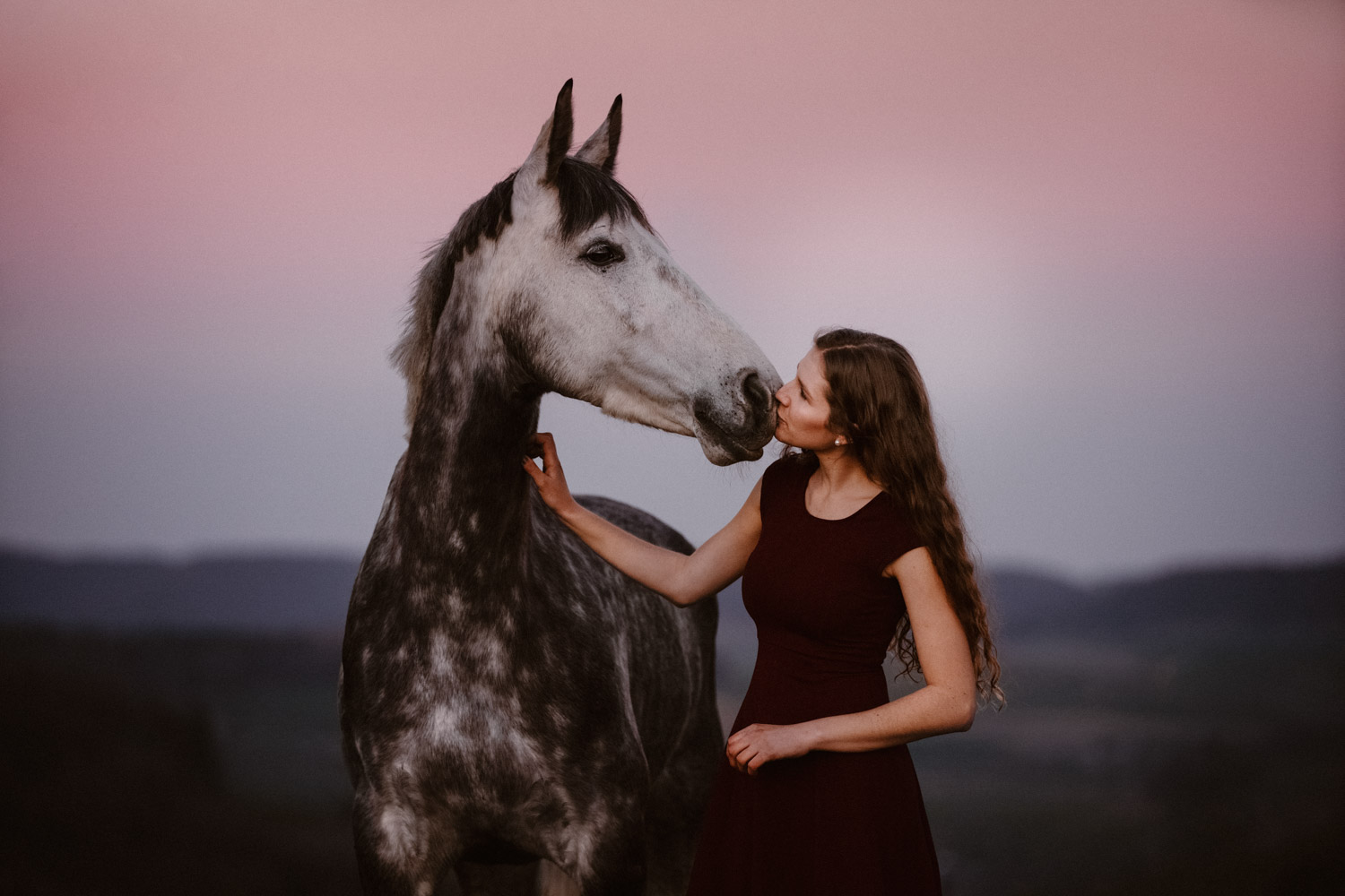 Pferdeshooting Pferdefotografin Schweiz Frühling im Fricktal blue hour Schimmel Pony natürlich ungestellt Sonnenuntergang